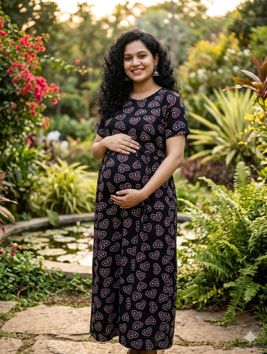 Midnight Black Patterned Nursing Midi Dress
