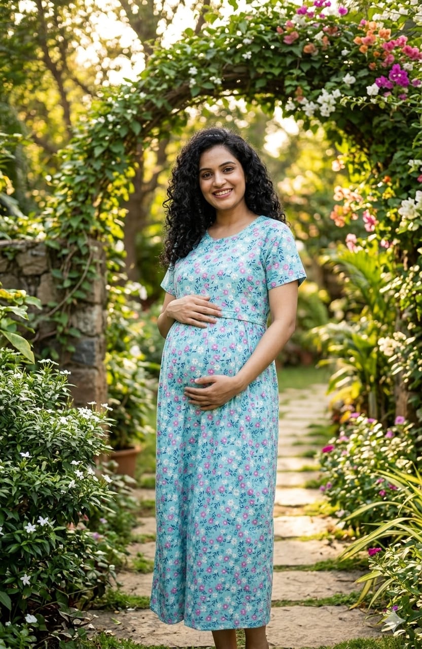 Sky Blue Floral Print Cotton Nursing Dress
