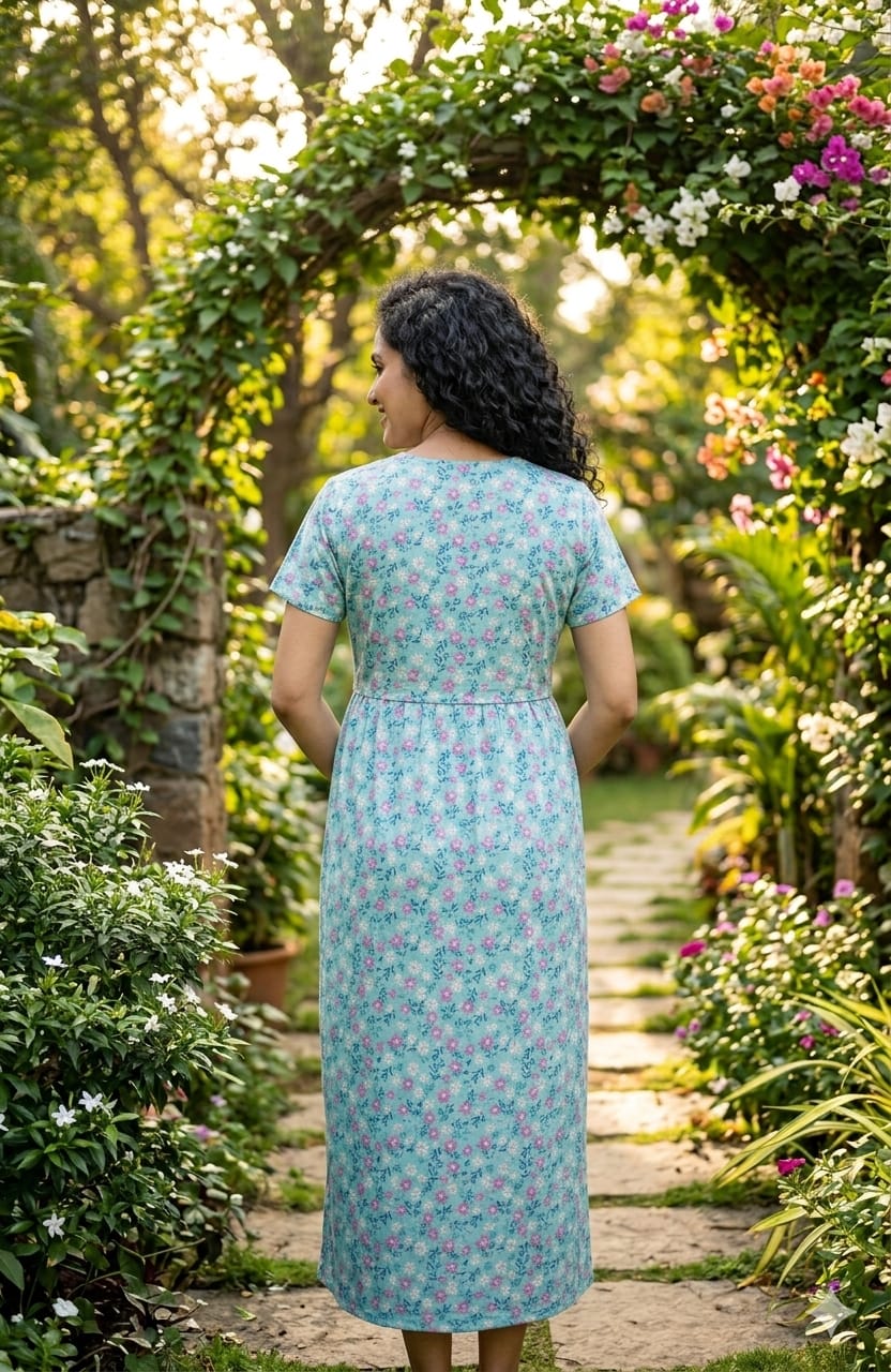 Sky Blue Floral Print Cotton Nursing Dress