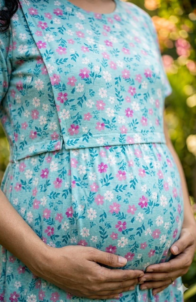 Sky Blue Floral Print Cotton Nursing Dress