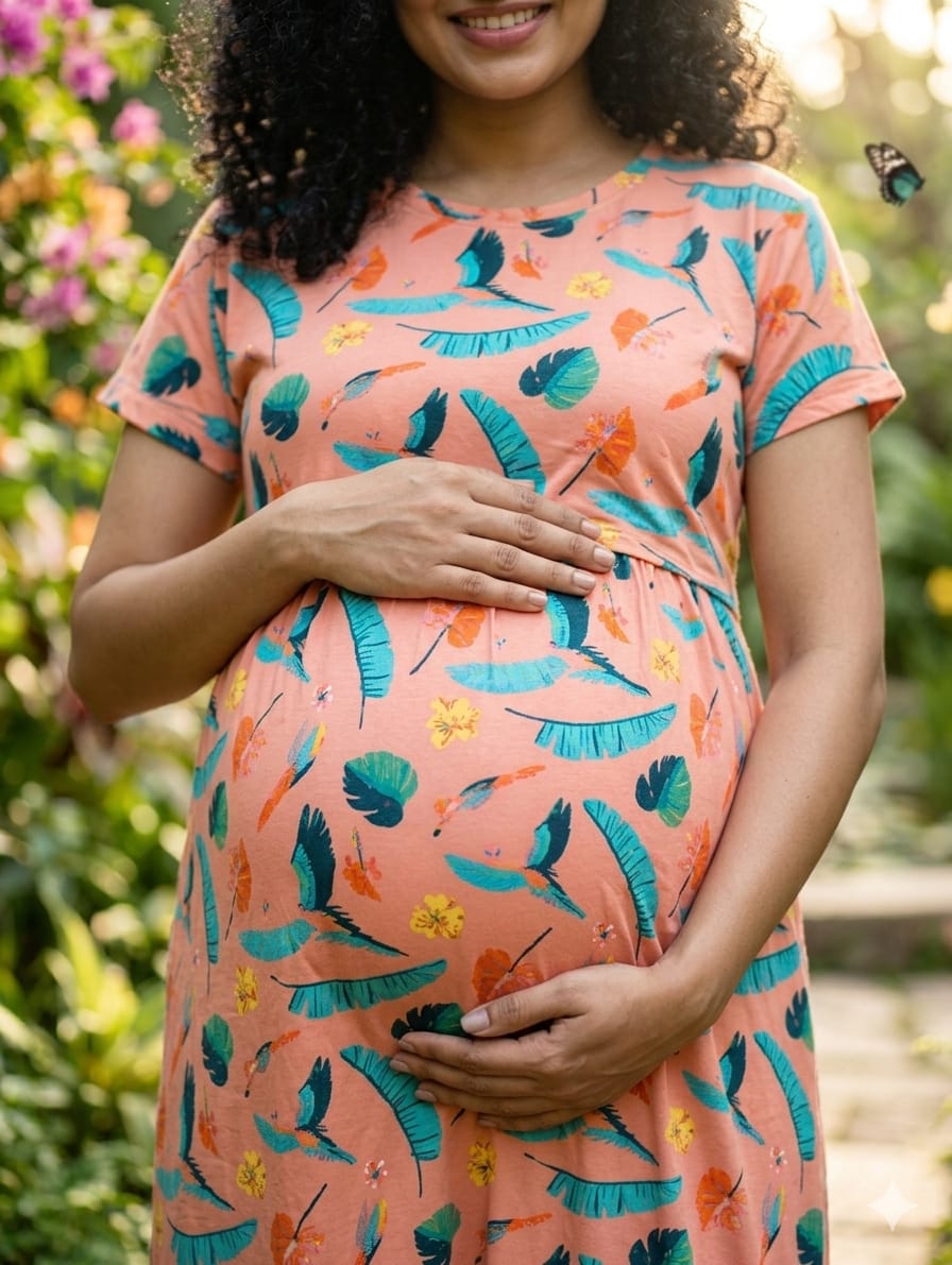 Peach Tropical Leaf Print Maternity Feeding Dress