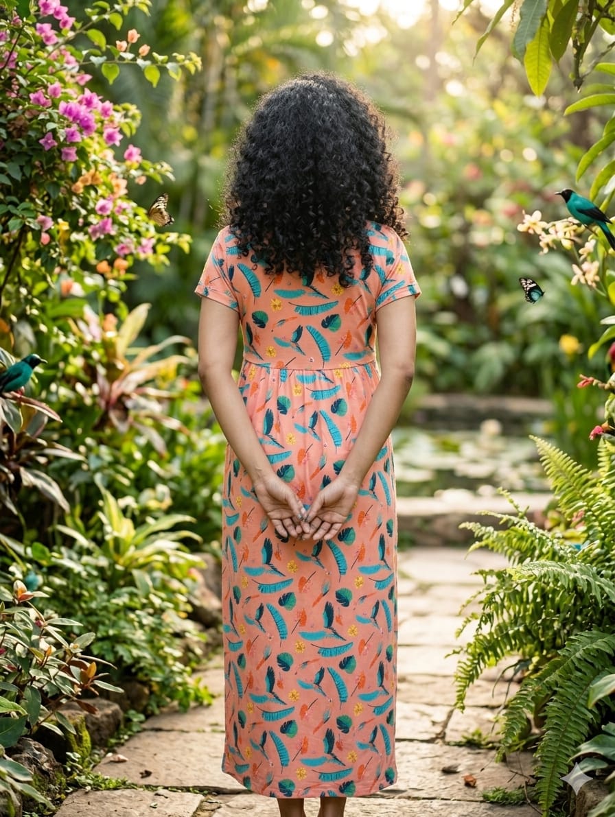 Peach Tropical Leaf Print Maternity Feeding Dress
