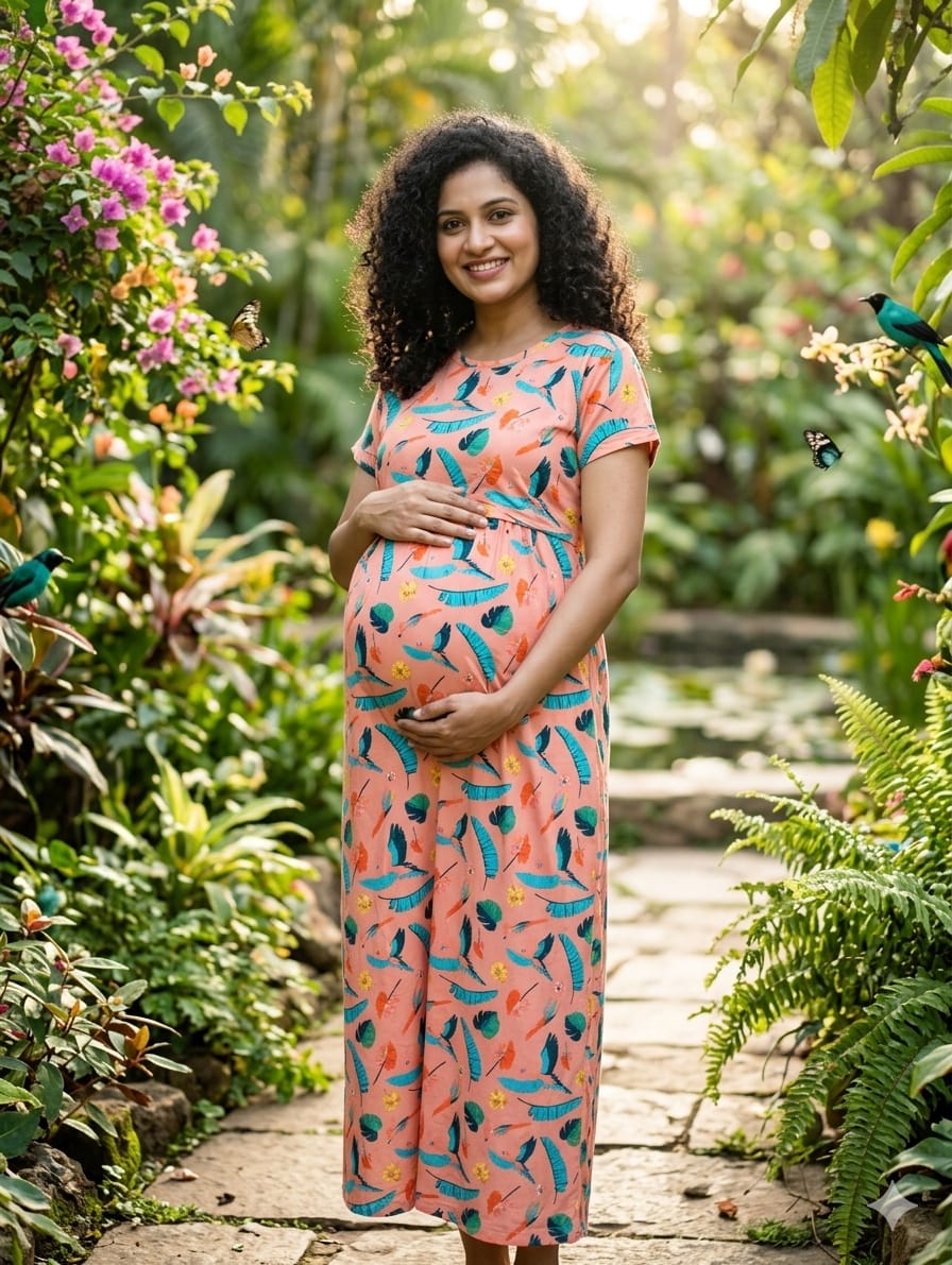 Peach Tropical Leaf Print Maternity Feeding Dress