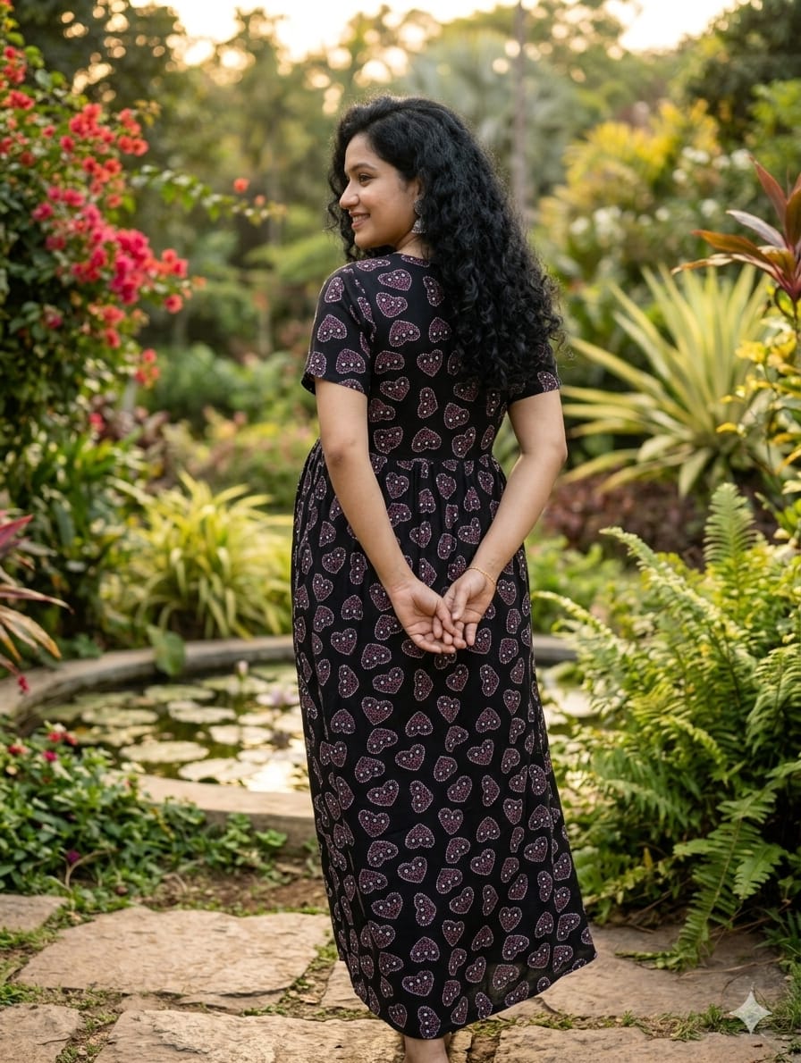 Midnight Black Patterned Nursing Midi Dress