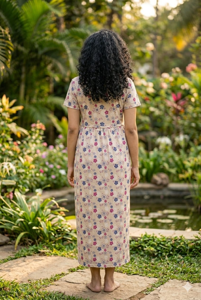 Classic Beige & Pink Floral Comfort Feeding Gown