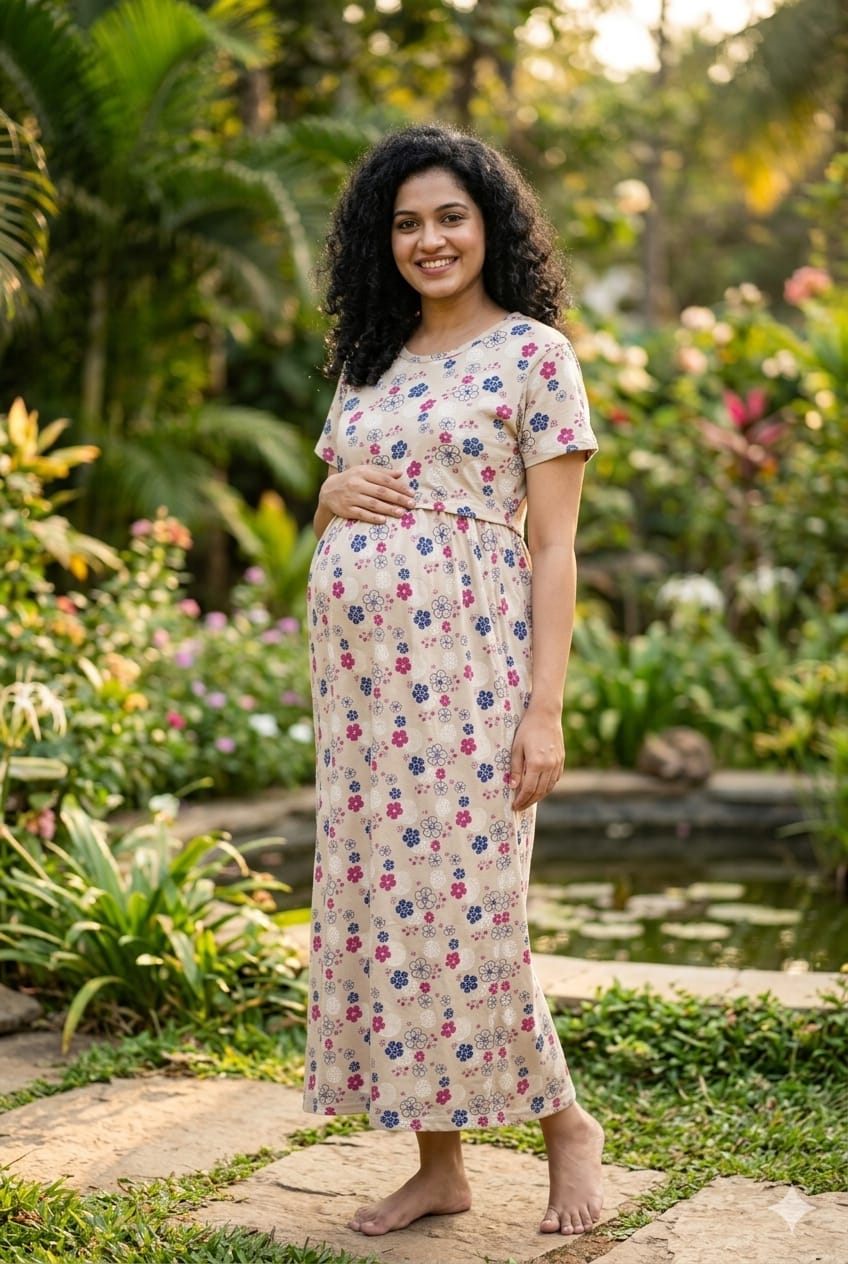 Classic Beige & Pink Floral Comfort Feeding Gown