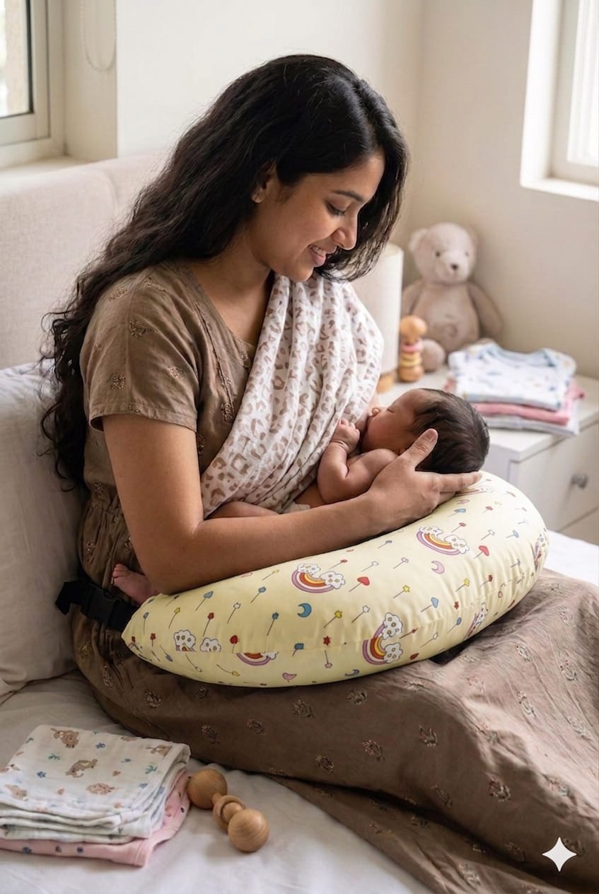 Rainbow Print Feeding Pillow – Pastel Yellow Design