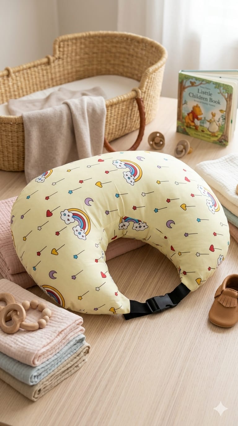 Rainbow Print Feeding Pillow – Pastel Yellow Design